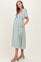 Sage Floral Tie Front Flutter Sleeve Maternity Midi Dress
