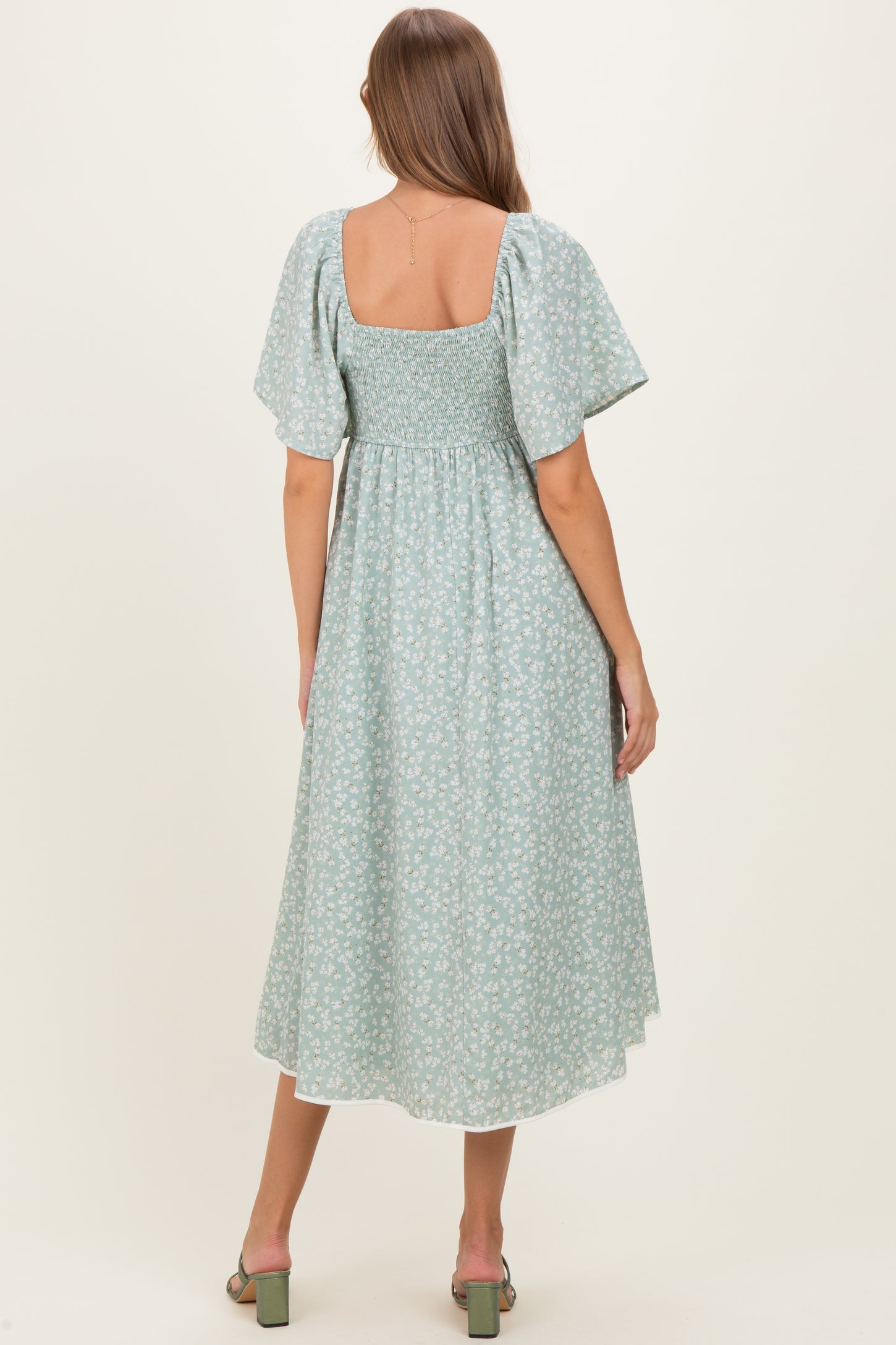 Sage Floral Tie Front Flutter Sleeve Maternity Midi Dress