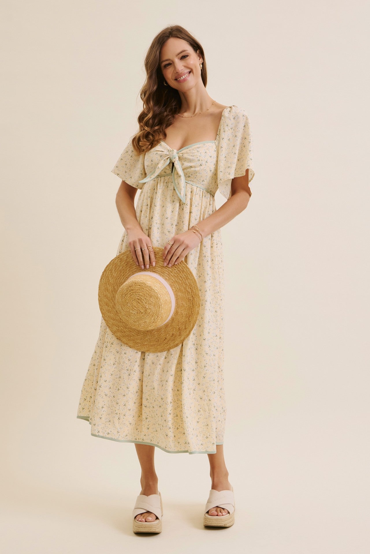 Butter Yellow Floral Tie Front Flutter Sleeve Maternity Midi Dress