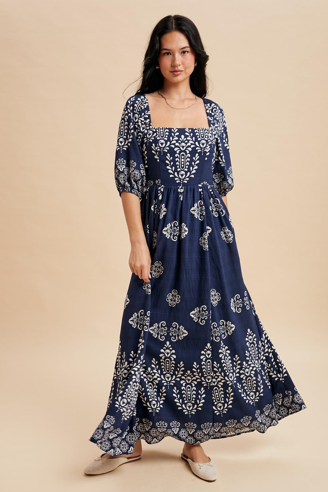 Navy Damask Print Short Sleeve Maternity Maxi Dress
