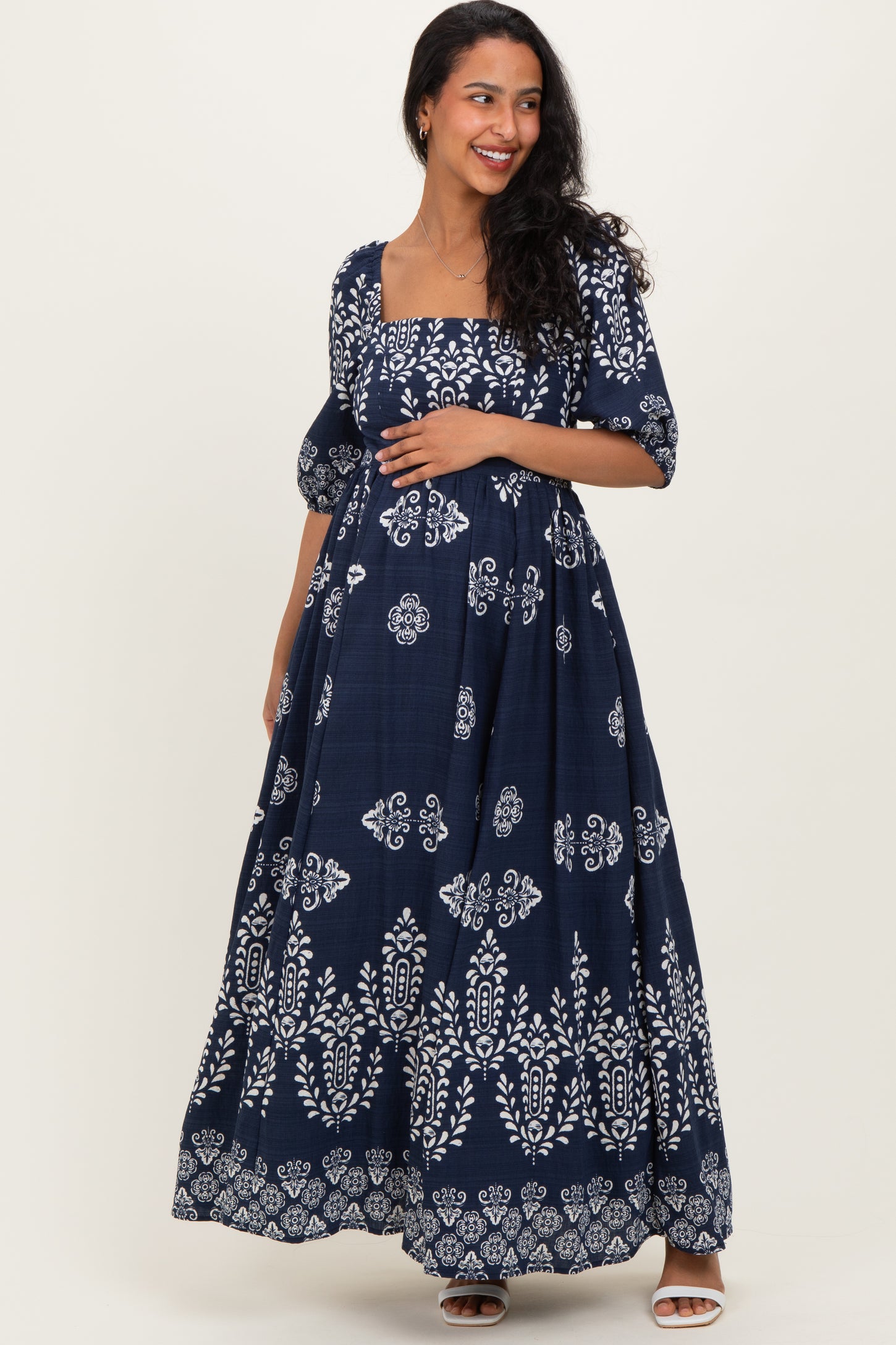 Navy Damask Print Short Sleeve Maternity Maxi Dress