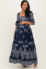 Navy Damask Print Short Sleeve Maternity Maxi Dress