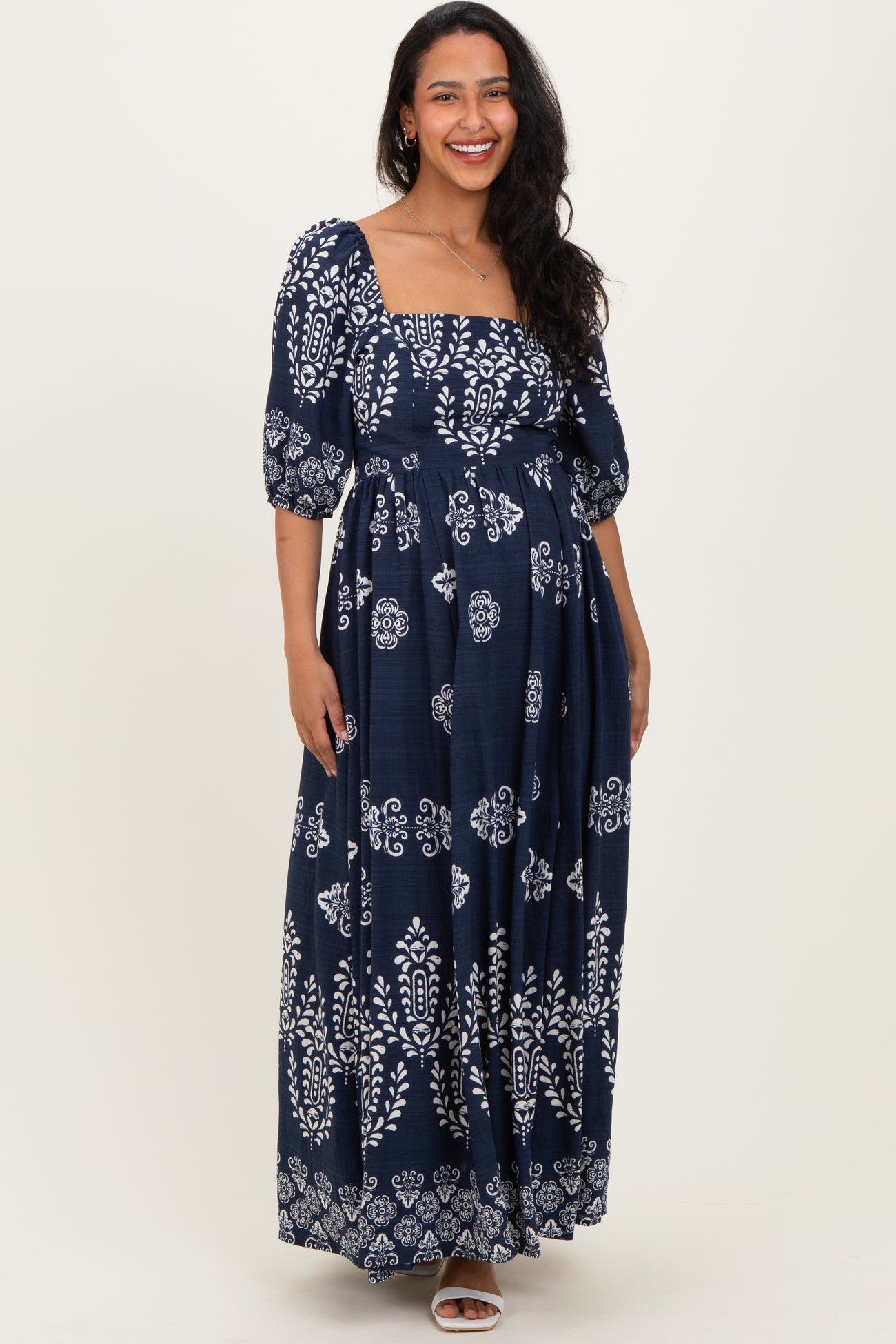 Navy Damask Print Short Sleeve Maternity Maxi Dress