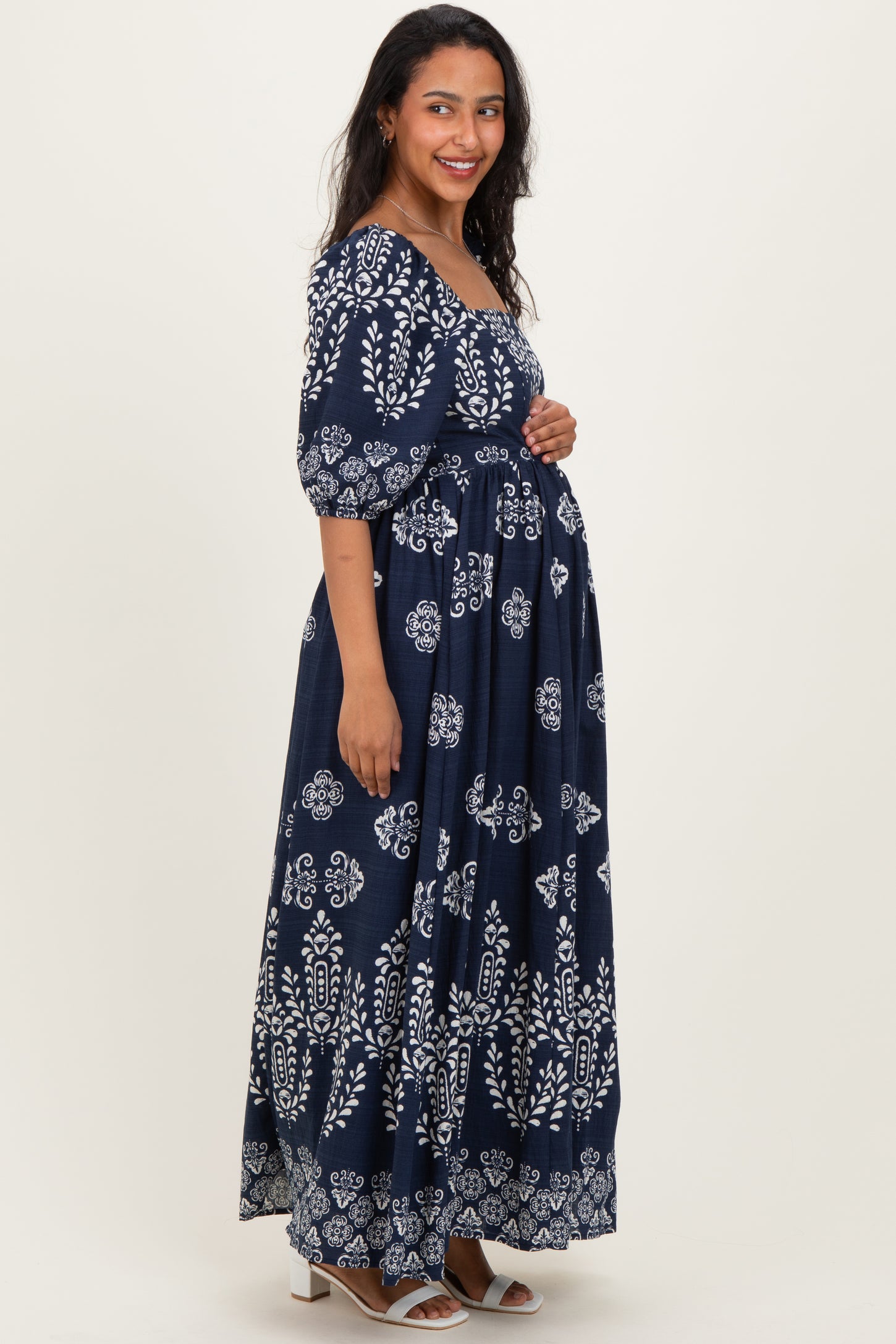 Navy Damask Print Short Sleeve Maternity Maxi Dress