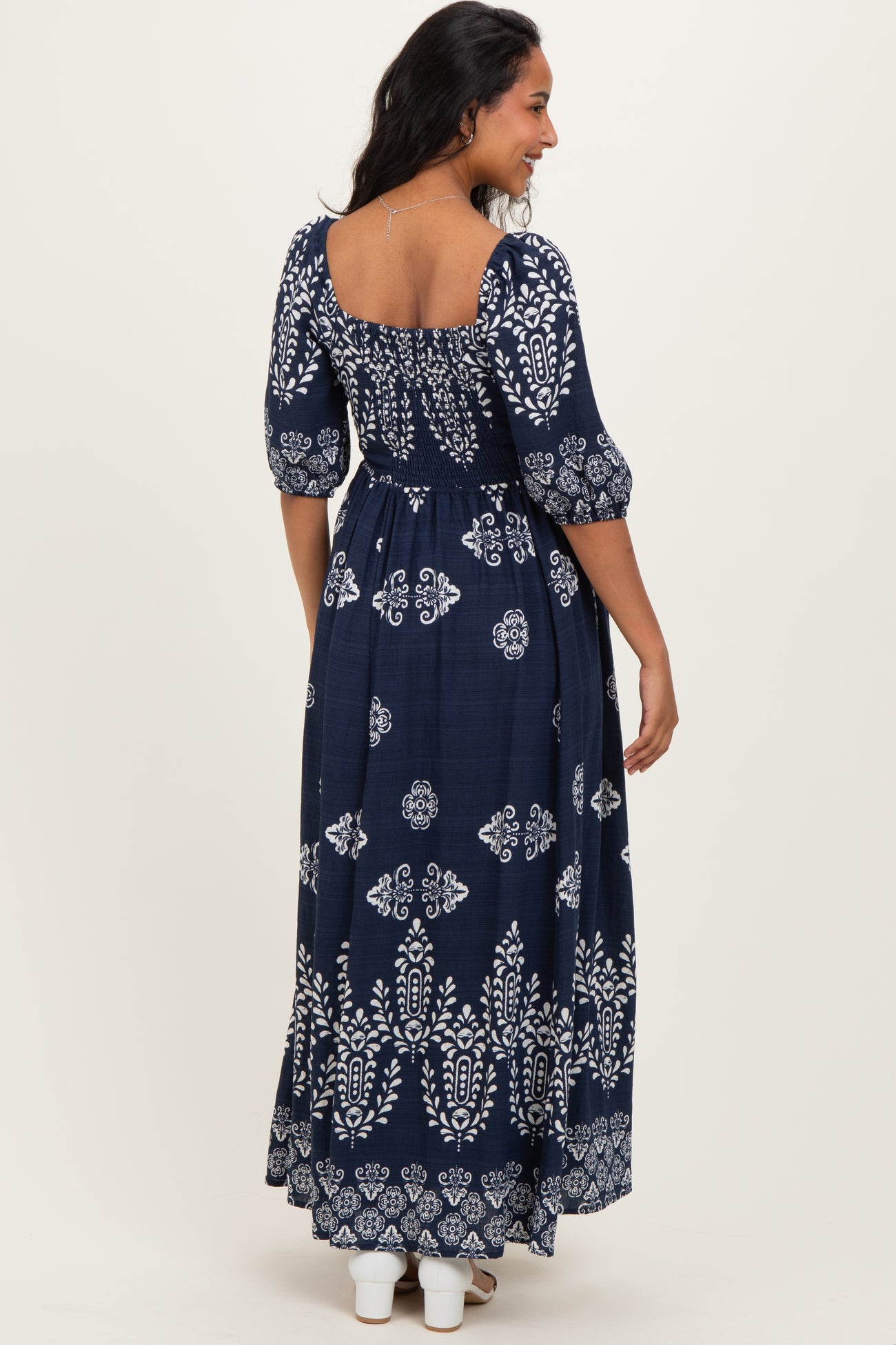 Navy Damask Print Short Sleeve Maternity Maxi Dress