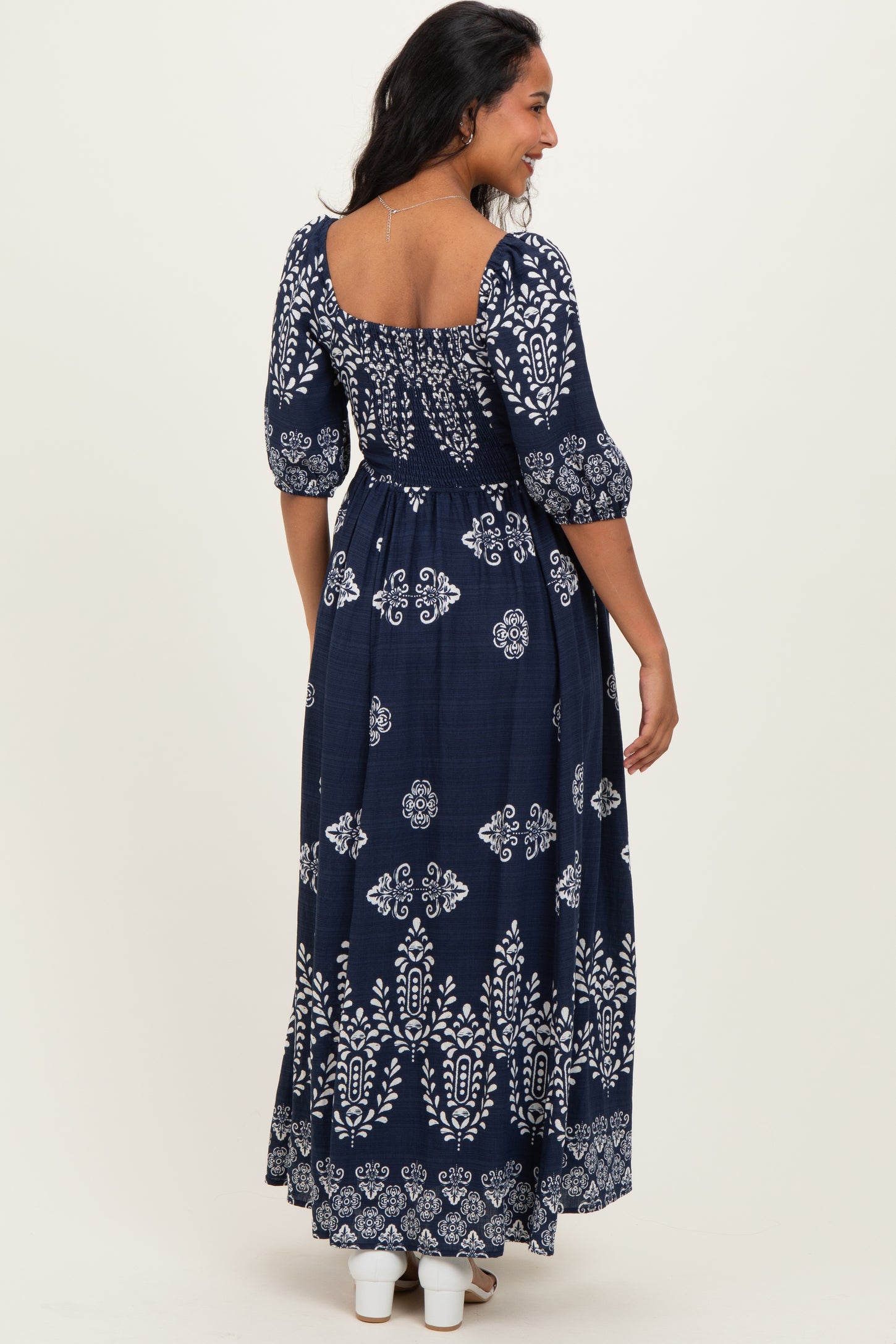 Navy Damask Print Short Sleeve Maternity Maxi Dress