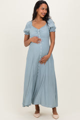 Dusty Blue Button Down Ruffle Trim Maternity Maxi Dress