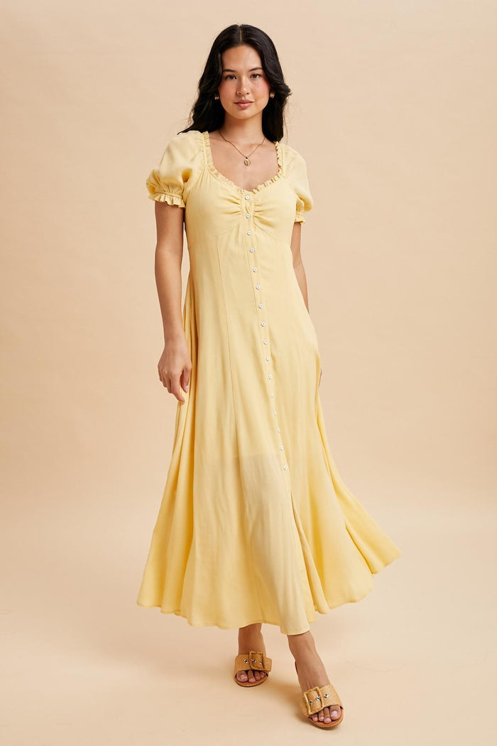 Lemon Button Down Ruffle Trim Maxi Dress