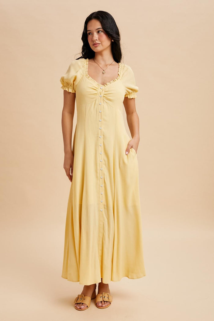 Lemon Button Down Ruffle Trim Maxi Dress