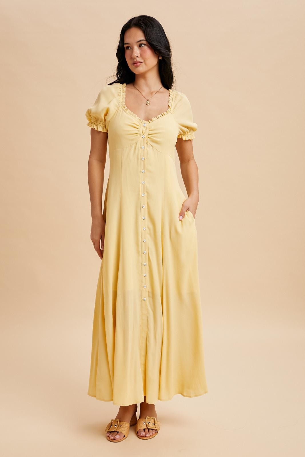 Lemon Button Down Ruffle Trim Maternity Maxi Dress
