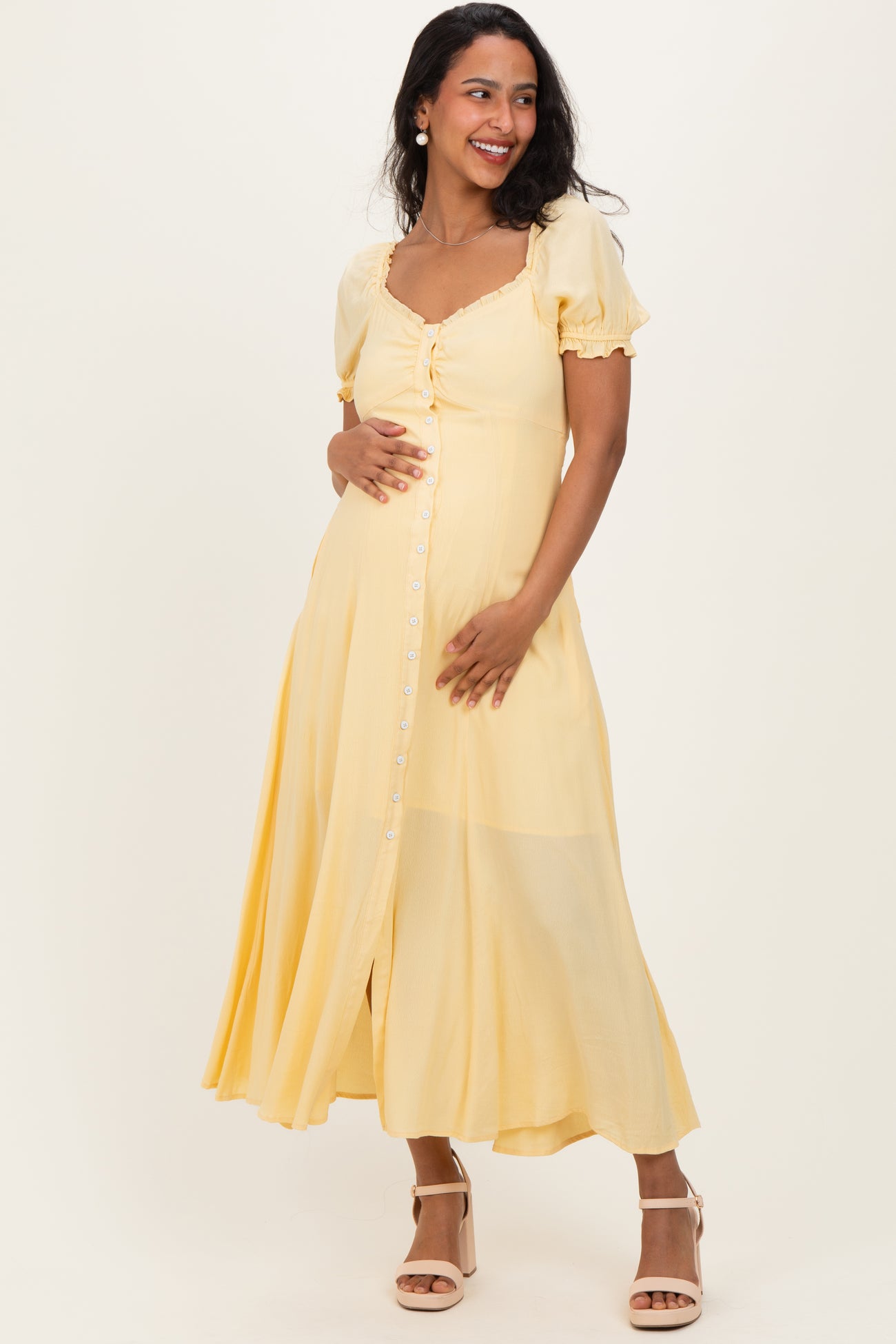 Lemon Button Down Ruffle Trim Maternity Maxi Dress