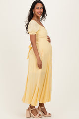 Lemon Button Down Ruffle Trim Maternity Maxi Dress
