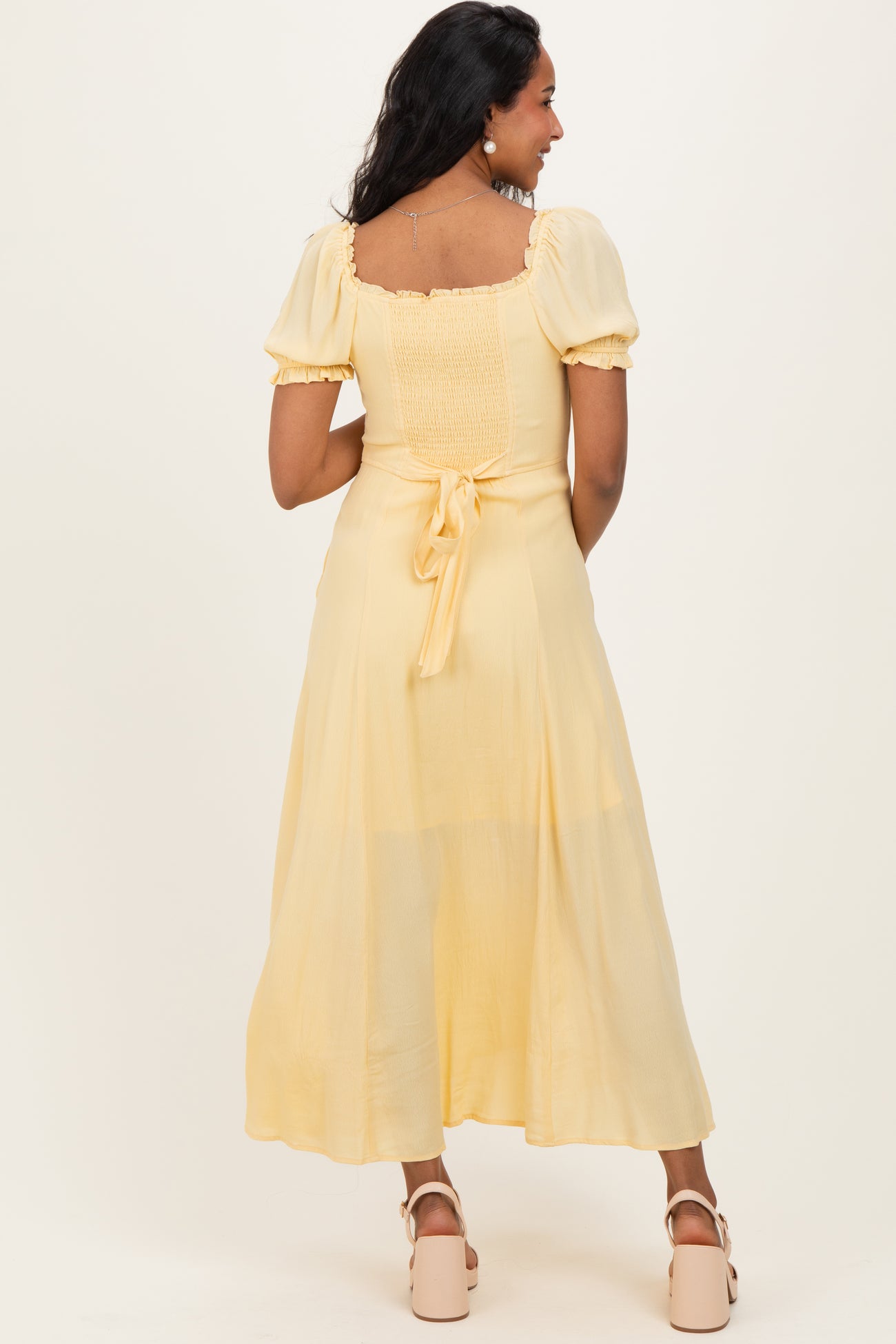 Lemon Button Down Ruffle Trim Maternity Maxi Dress
