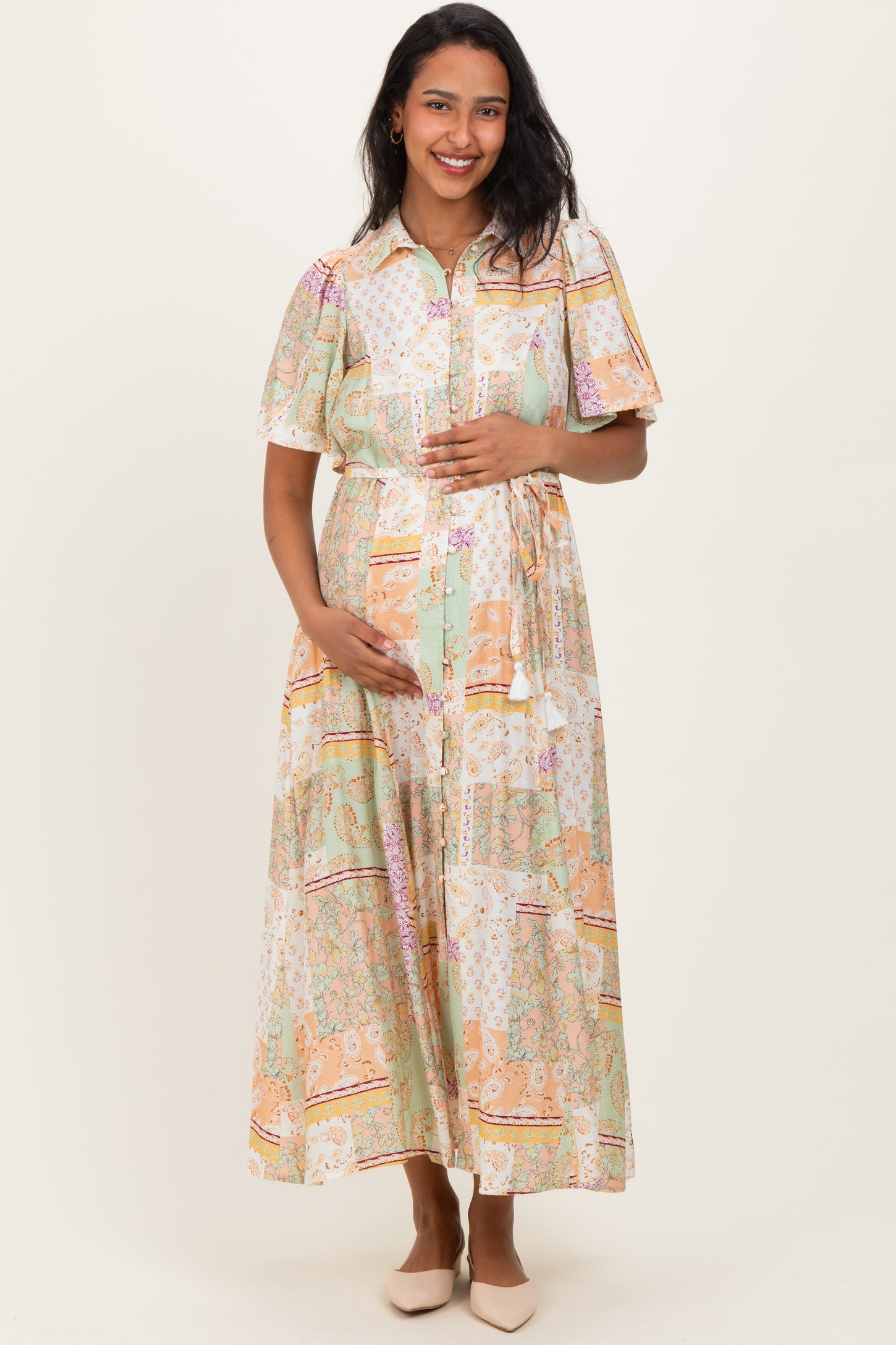 Multicolor Patchwork Print Button Down Maternity Maxi Dress