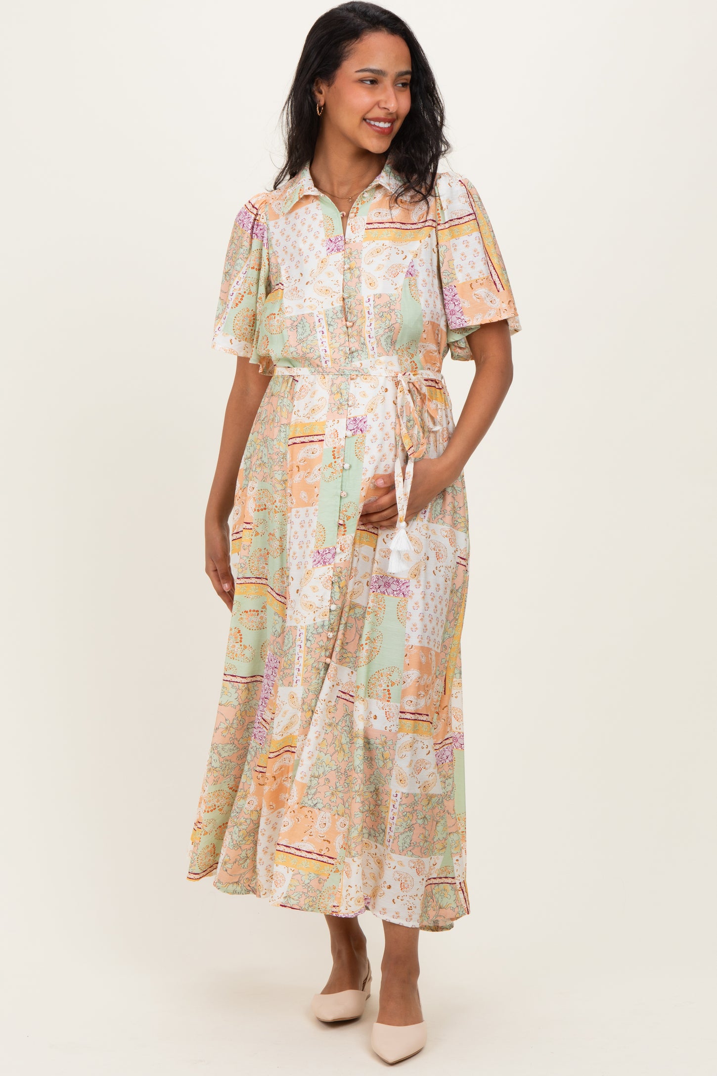 Multicolor Patchwork Print Button Down Maternity Maxi Dress