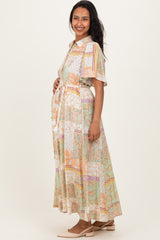Multicolor Patchwork Print Button Down Maternity Maxi Dress
