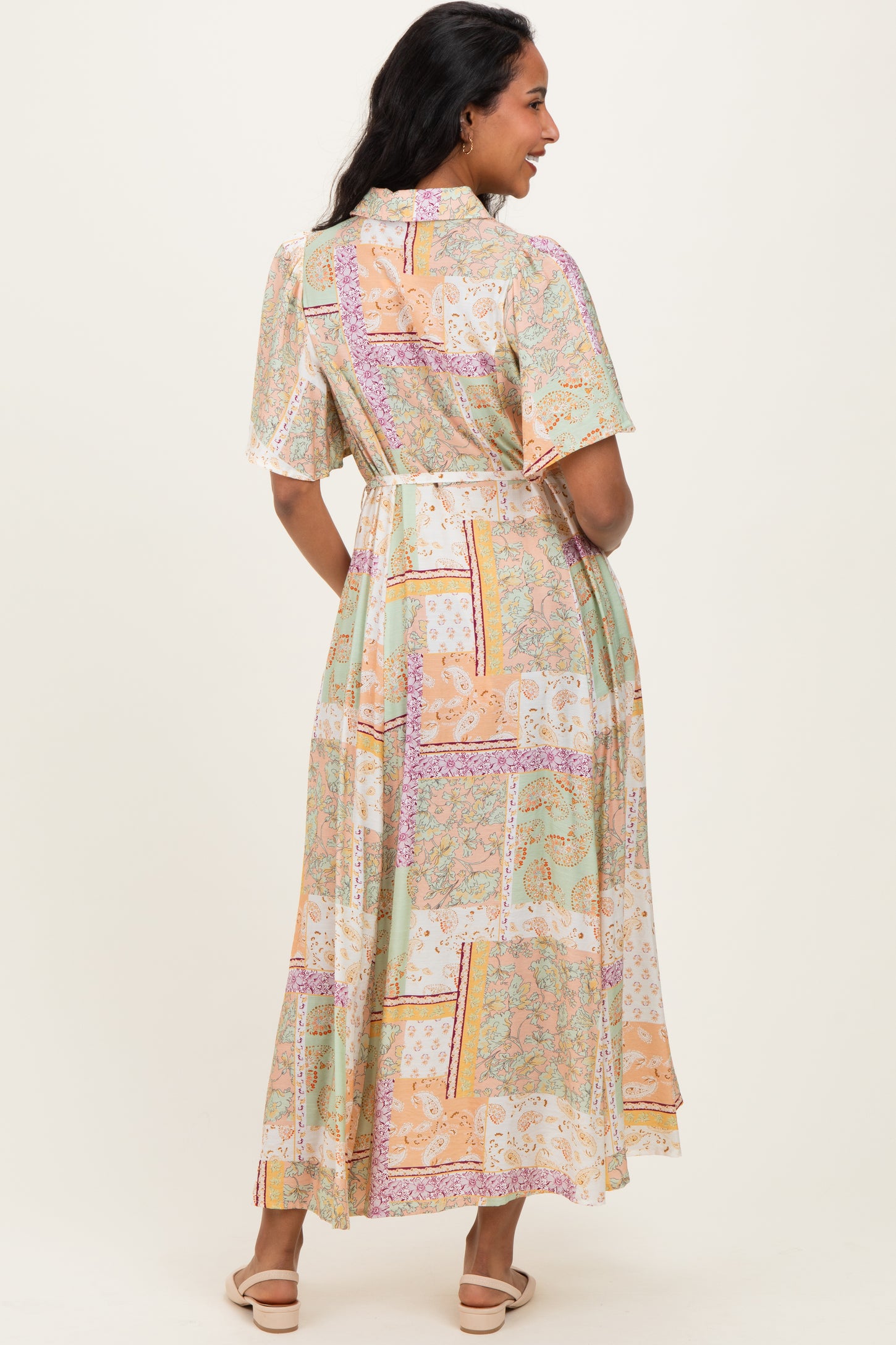 Multicolor Patchwork Print Button Down Maternity Maxi Dress