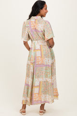 Multicolor Patchwork Print Button Down Maternity Maxi Dress
