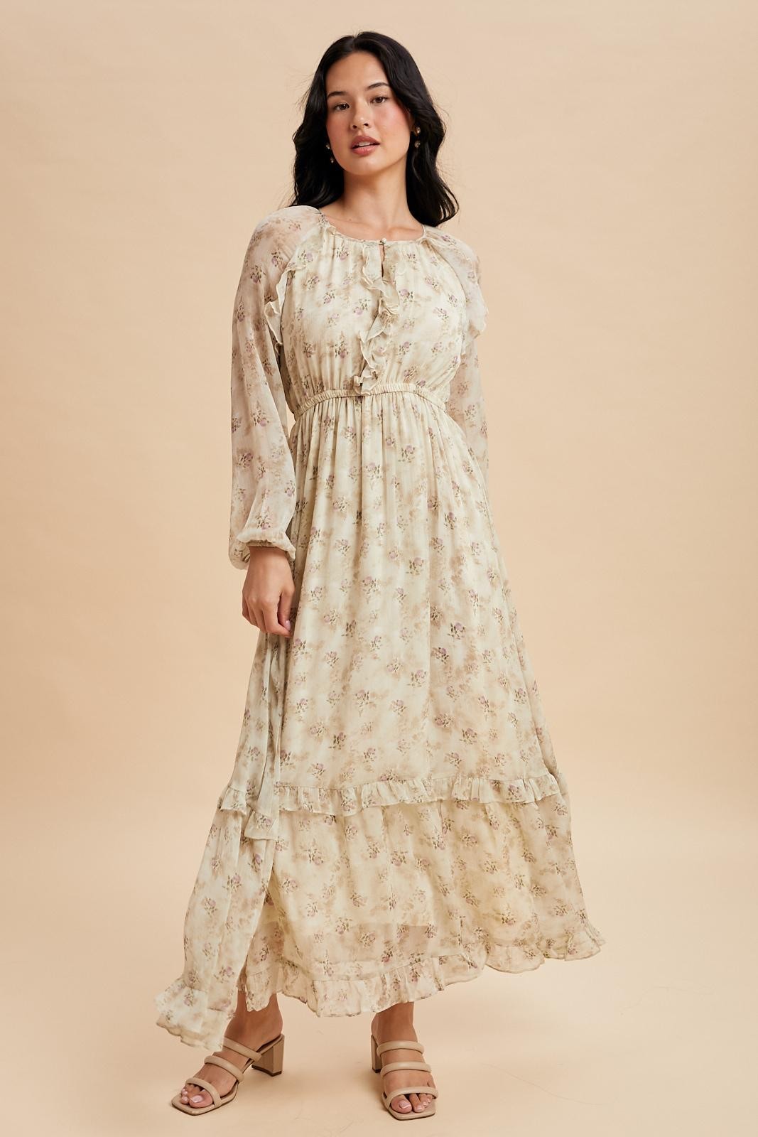 Cream Floral Chiffon Ruffle Detail Maternity Maxi Dress