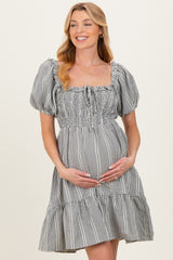 Black Gingham Smocked Ruffled Puff Sleeve Maternity Dress