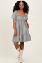 Black Gingham Smocked Ruffled Puff Sleeve Dress