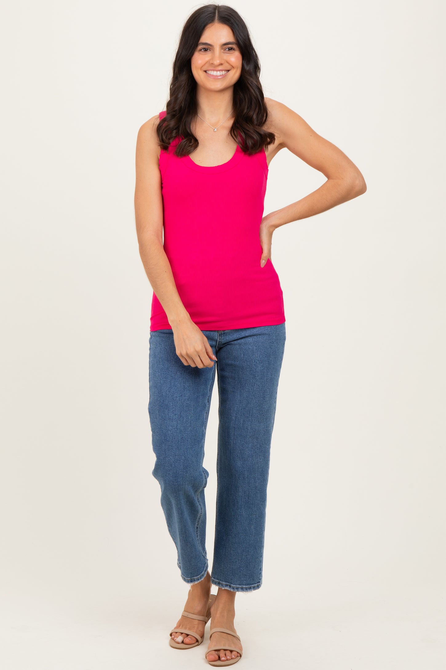 Hot Pink Ribbed Scoop Neck Tank Top