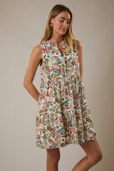 Multicolor Leaf Print Sleeveless Tiered Dress