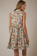 Multicolor Leaf Print Sleeveless Tiered Dress