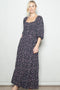 Navy Floral Smocked Button Accent Maxi Dress