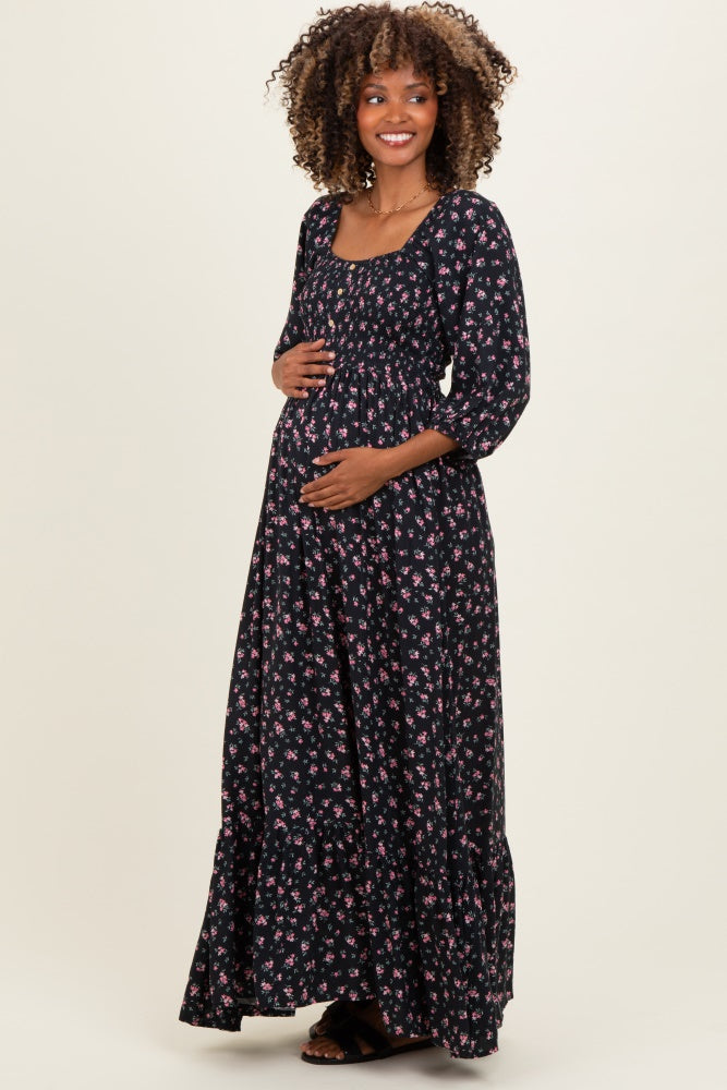Navy Floral Smocked Button Accent Maternity Maxi Dress