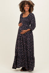 Navy Floral Smocked Button Accent Maternity Maxi Dress