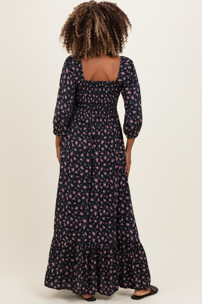 Navy Floral Smocked Button Accent Maternity Maxi Dress
