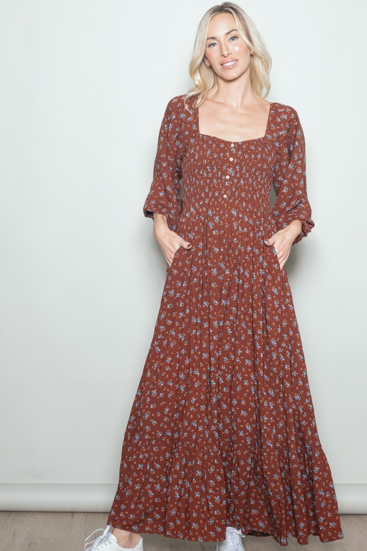 Mahogany Floral Smocked Button Accent Maxi Dress