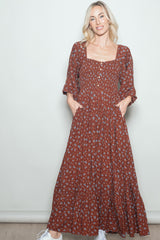 Mahogany Floral Smocked Button Accent Maxi Dress