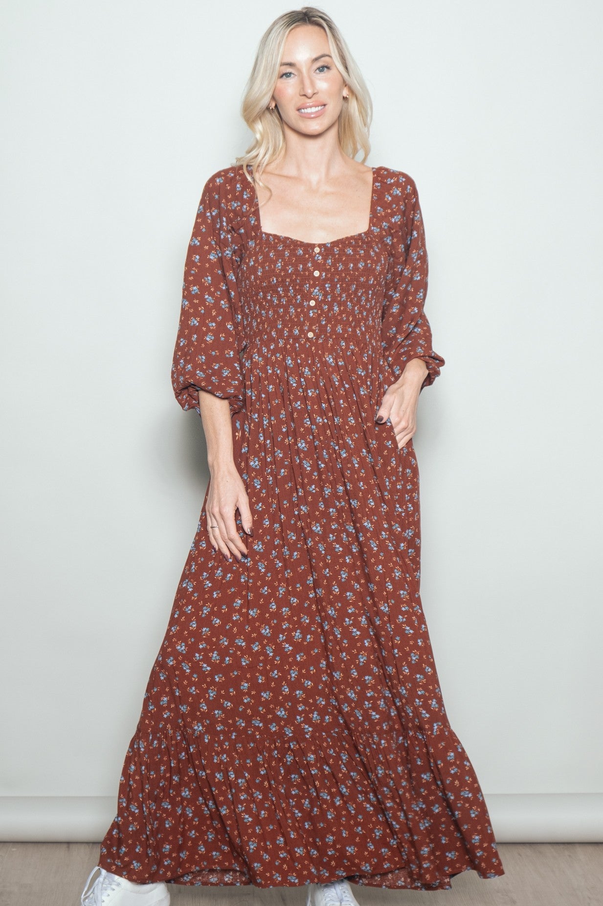 Mahogany Floral Smocked Button Accent Maxi Dress