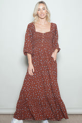 Mahogany Floral Smocked Button Accent Maxi Dress