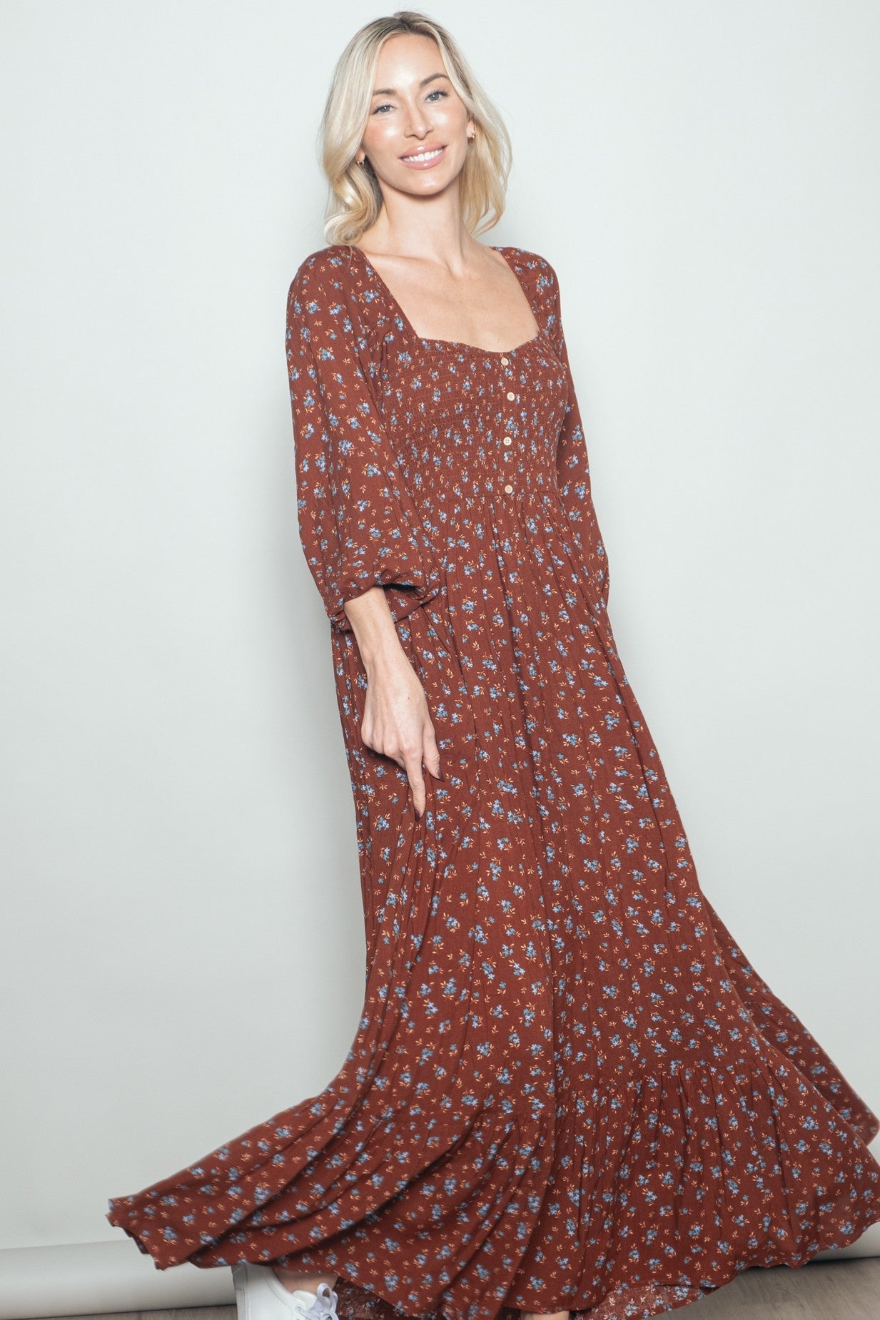 Mahogany Floral Smocked Button Accent Maxi Dress
