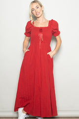 Red Smocked Ruffle Accent Ribbon Tie Maternity Maxi Dress