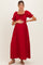 Red Smocked Ruffle Accent Ribbon Tie Maternity Maxi Dress