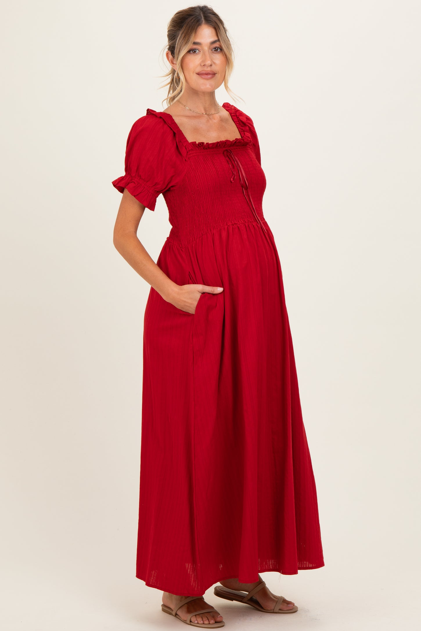 Red Smocked Ruffle Accent Ribbon Tie Maternity Maxi Dress