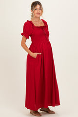 Red Smocked Ruffle Accent Ribbon Tie Maternity Maxi Dress