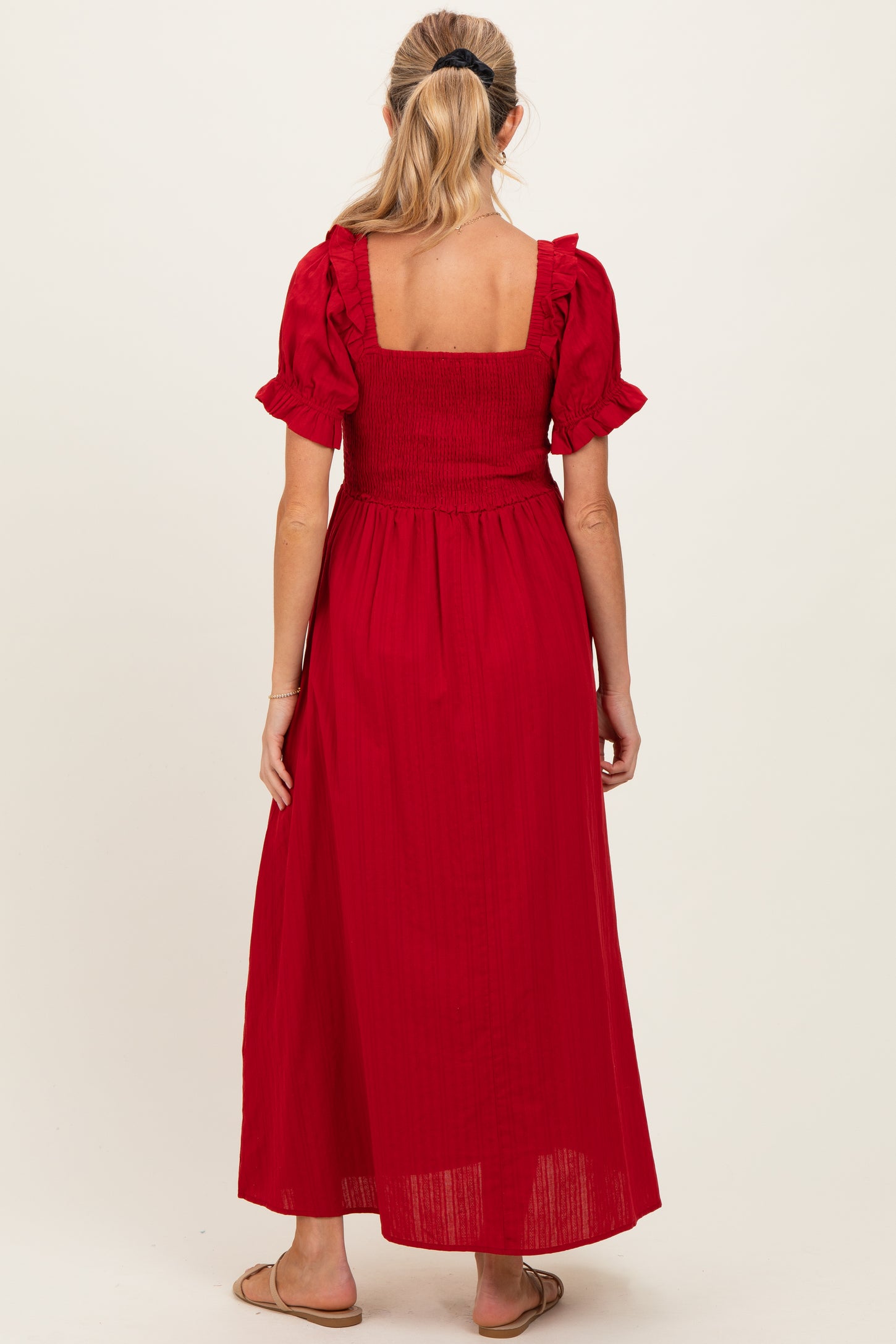 Red Smocked Ruffle Accent Ribbon Tie Maternity Maxi Dress