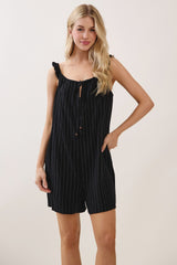Black Stripe Front Tie Linen Blend Romper