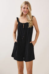 Black Stripe Front Tie Linen Blend Romper