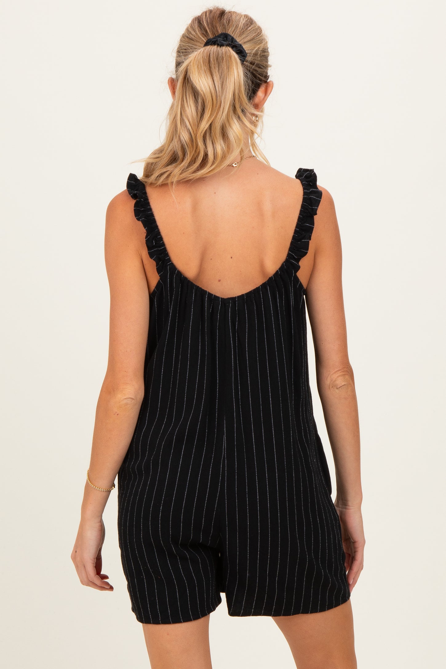 Black Stripe Front Tie Linen Blend Maternity Romper