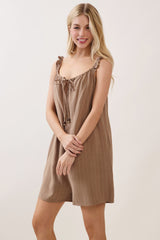 Mocha Stripe Front Tie Linen Blend Romper