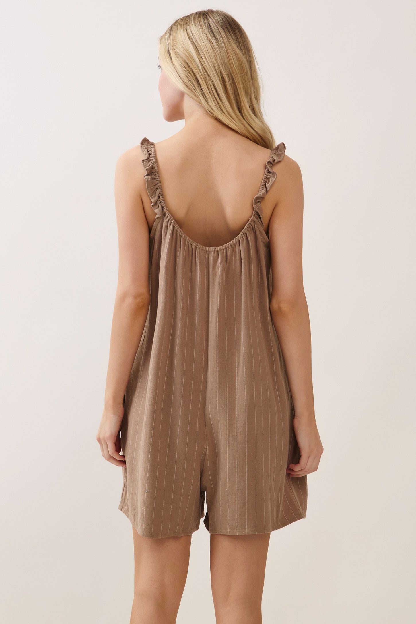 Mocha Stripe Front Tie Linen Blend Romper