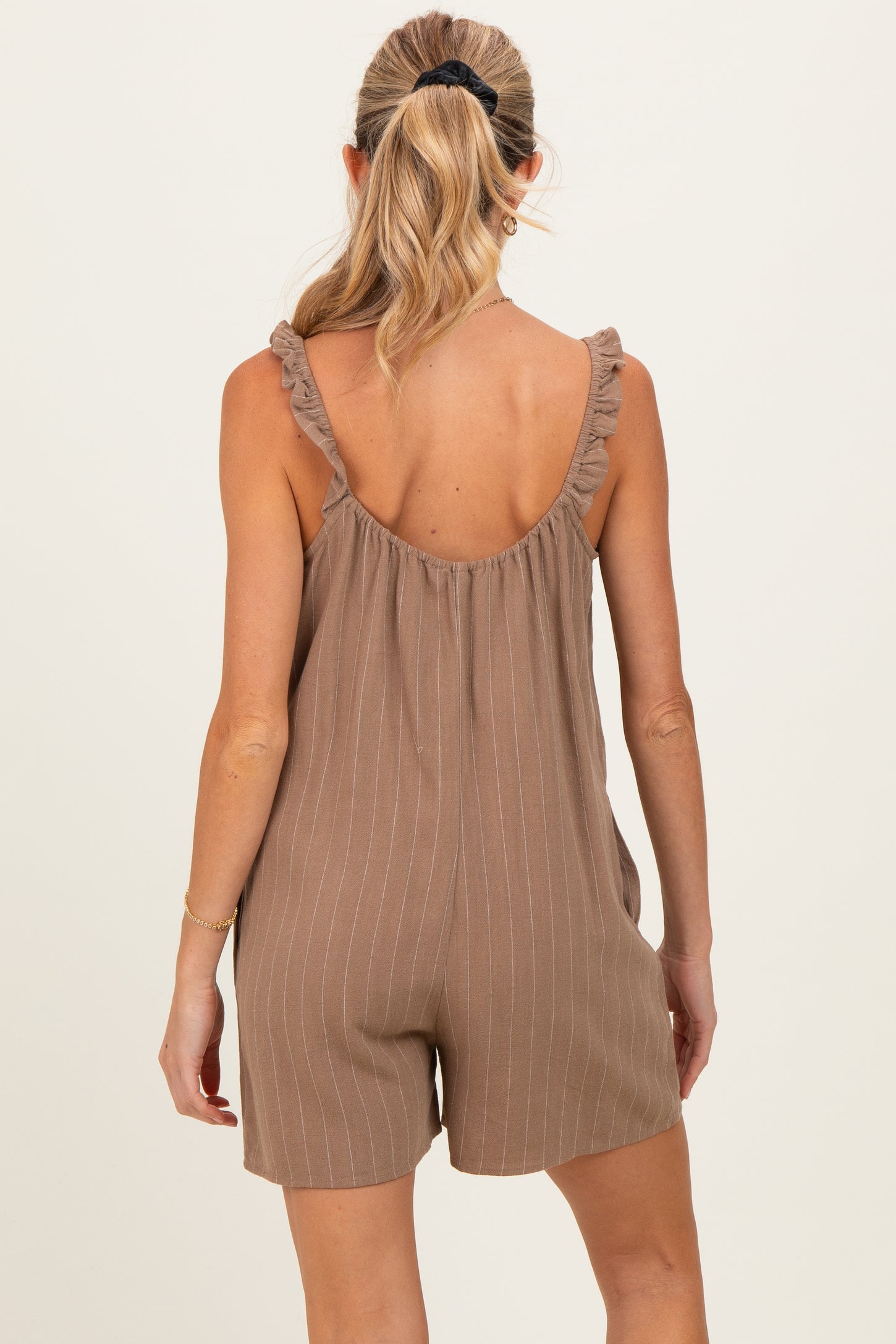 Mocha Stripe Front Tie Linen Blend Maternity Romper