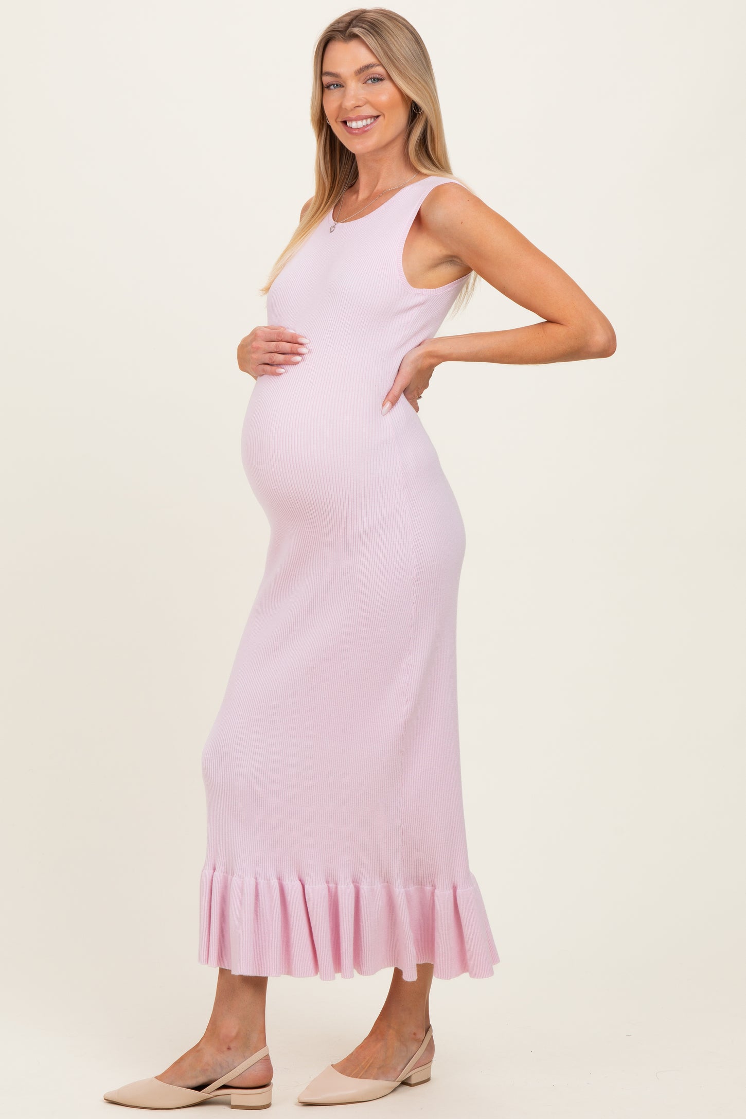 Light Pink Ribbed Knit Sleeveless Ruffle Hem Maternity Maxi Dress