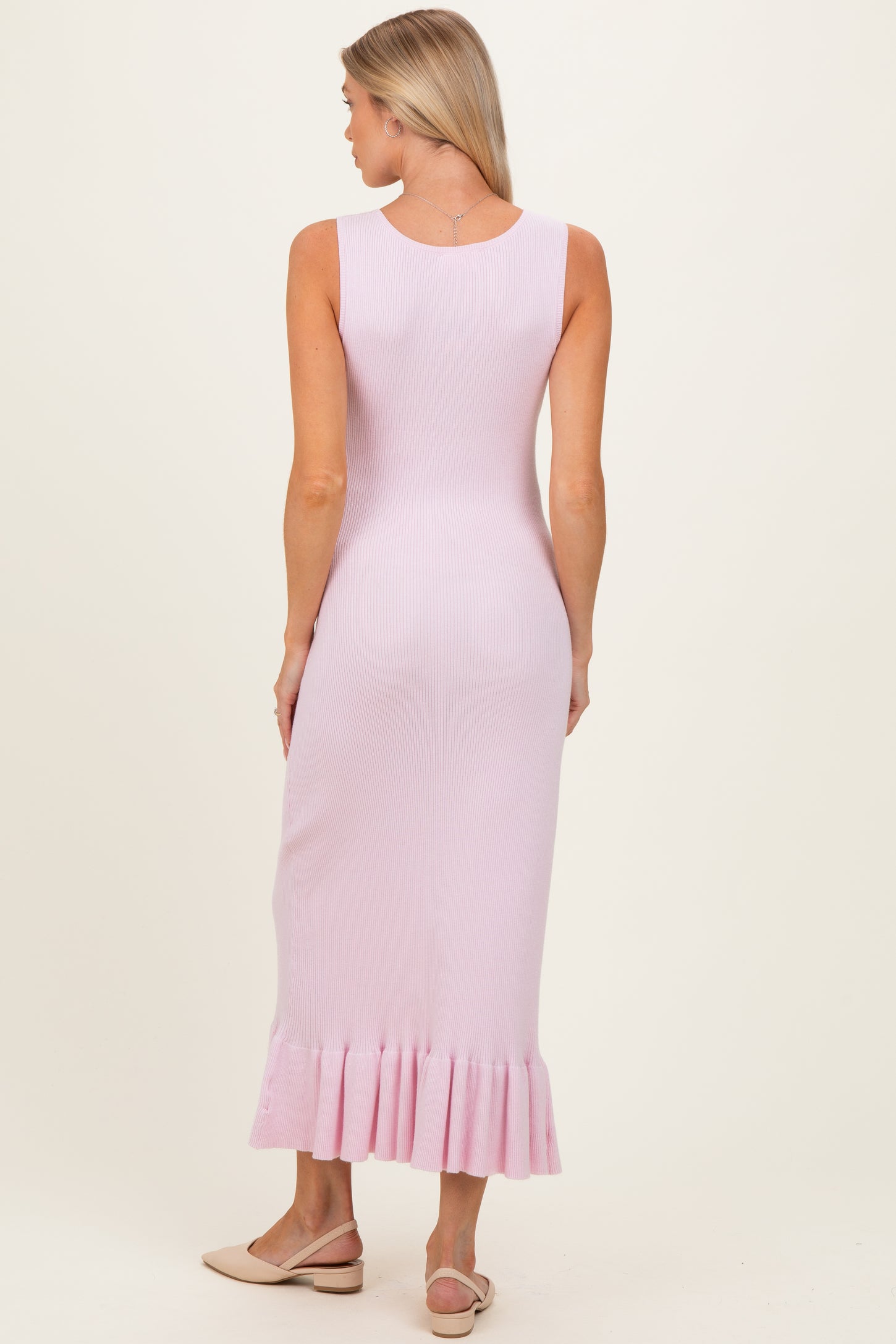 Light Pink Ribbed Knit Sleeveless Ruffle Hem Maternity Maxi Dress